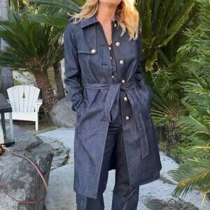 Talbots Refined Denim Trench Coat Size XS Misses NWOT Gold Buttons